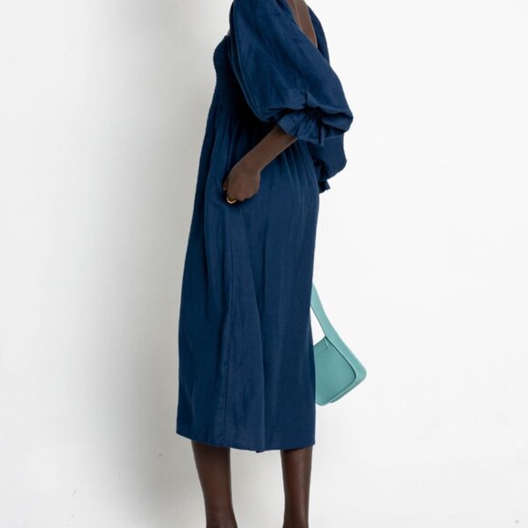 O.P.T Navy Athena Puff Sleeve Linen Blend Midi Dress - Picture 2 of 4